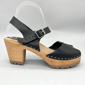 Mia Womens 39/ 8.5 Greta Swedish Clogs Sandals Black Leather Wood Heel‎ Peep Toe
